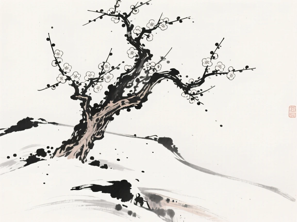 A gnarled plum tree in full bloom stands alone against a snowy hillside, as the last snow of the season melts around its roots.