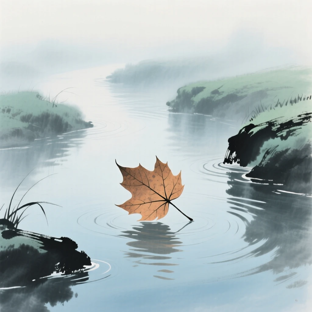 A single leaf drifting slowly down a still stream, through swirling morning fog, in the mild days of early winter, filled with tranquil stillness.