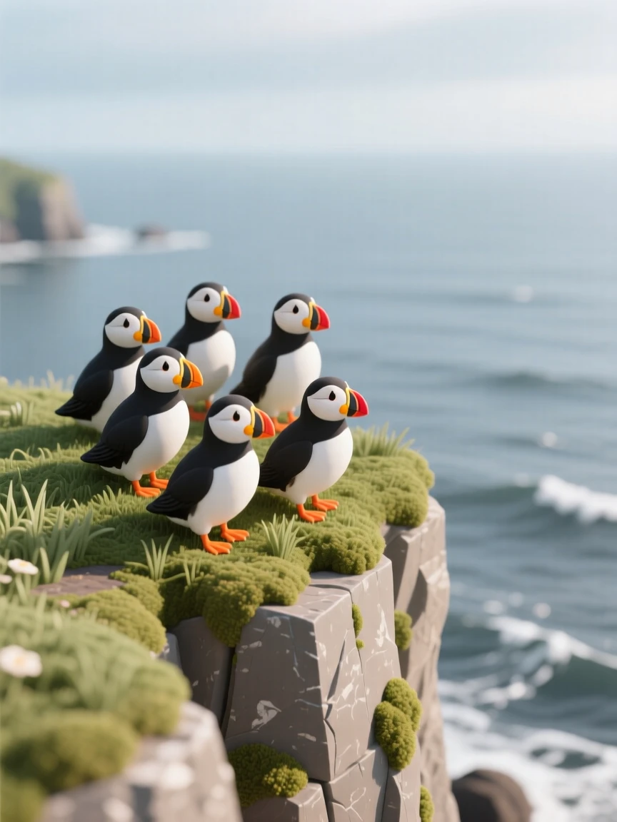 A group of puffins standing on a grassy cliffside, colorful beaks bright against the gray sea and sky behind them.