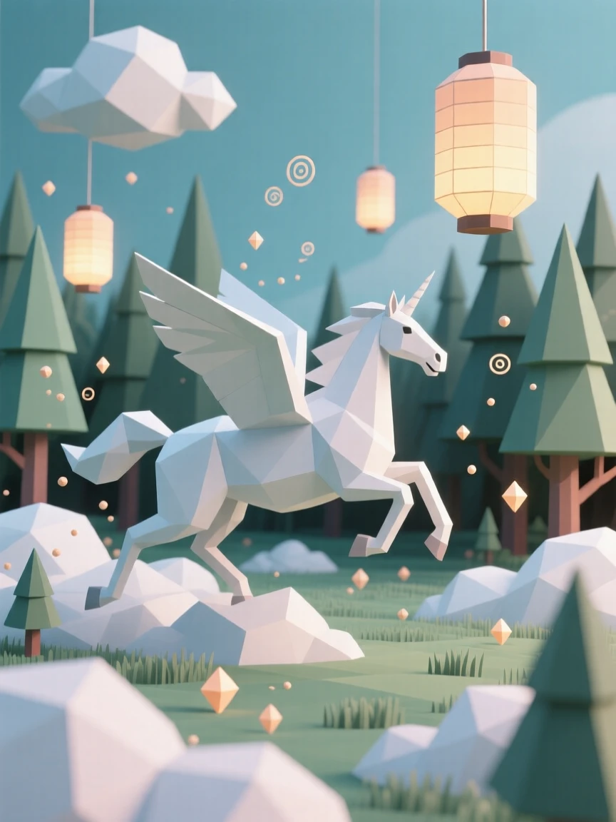 A pegasus galloping across a field of clouds, within a forest lit by floating lanterns. swirling particles of light drift through the air. The moment feels suspended between worlds.