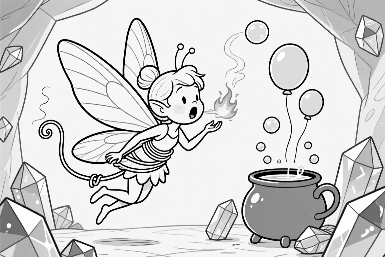 A tiny fairy tangled in her own oversized wings, hiccuping a tiny fireball that singes its own tail, set deep inside a glittering gemstone mine. Bubbles from the cauldron float up like little balloons. It's a whimsical moment that feels both magical and silly.