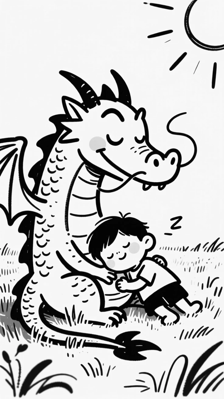 A dragon and a small child sharing a peaceful nap together in a sunlit meadow.