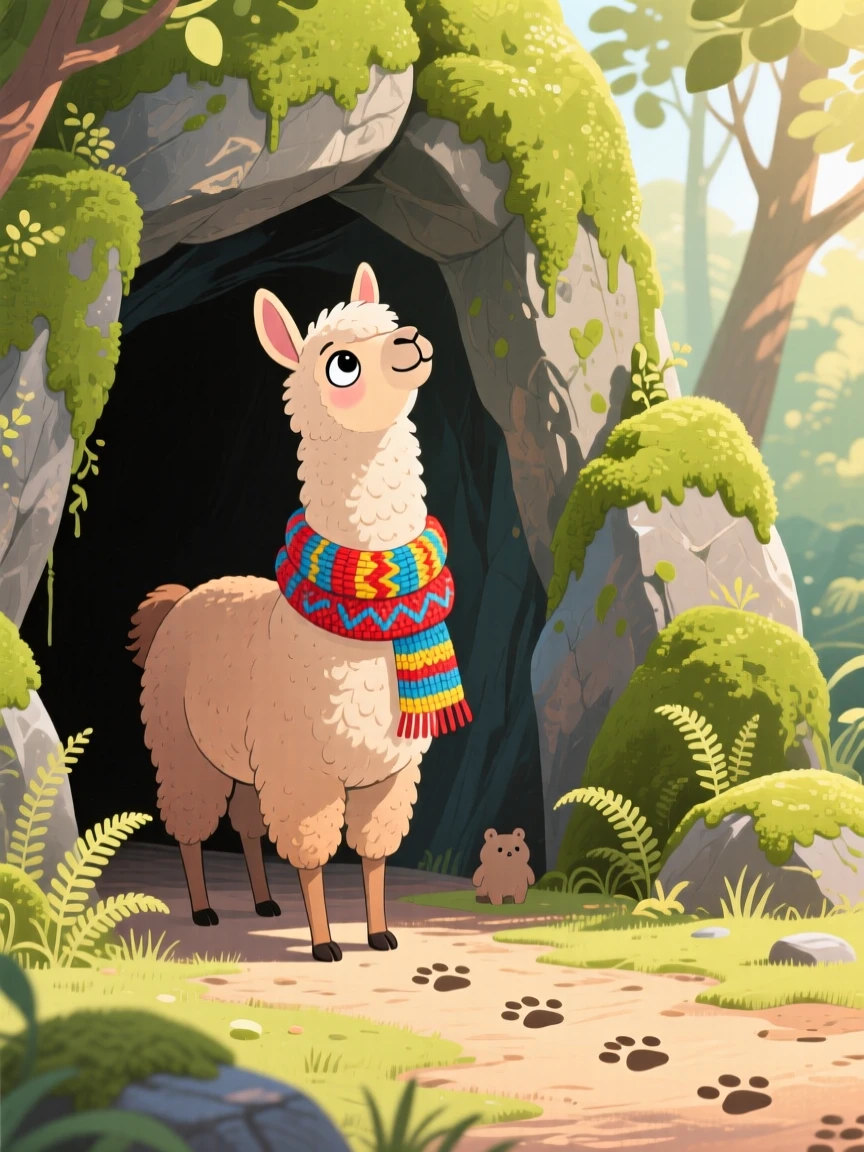 A proud llama pauses from wearing a tiny knitted scarf to look up in the mouth of a mossy cave, with tiny paw prints trailing behind.
