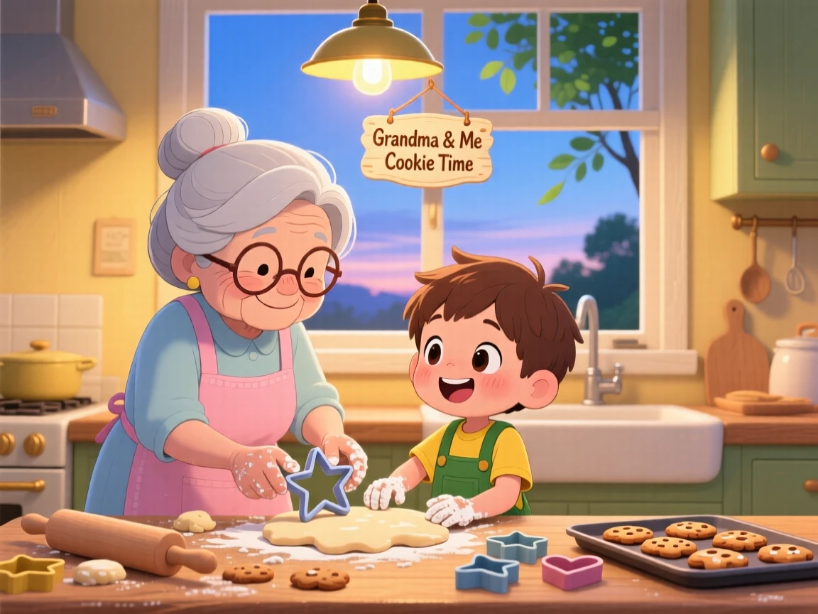 Three-quarter view: a grandmother and child, baking cookies together, set against a warmly lit kitchen under a clear summer sky, with cool blue twilight glow and a mood of giggling amusement.