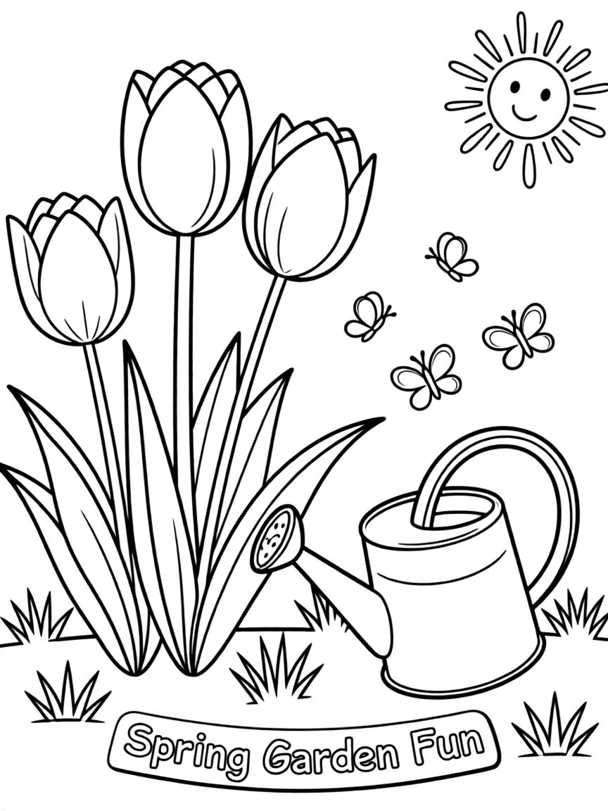 A spring garden with tulips and a watering can