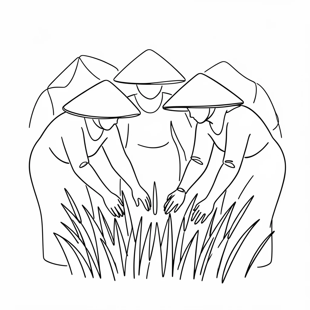 A group of Vietnamese women in conical hats tending a rice paddy