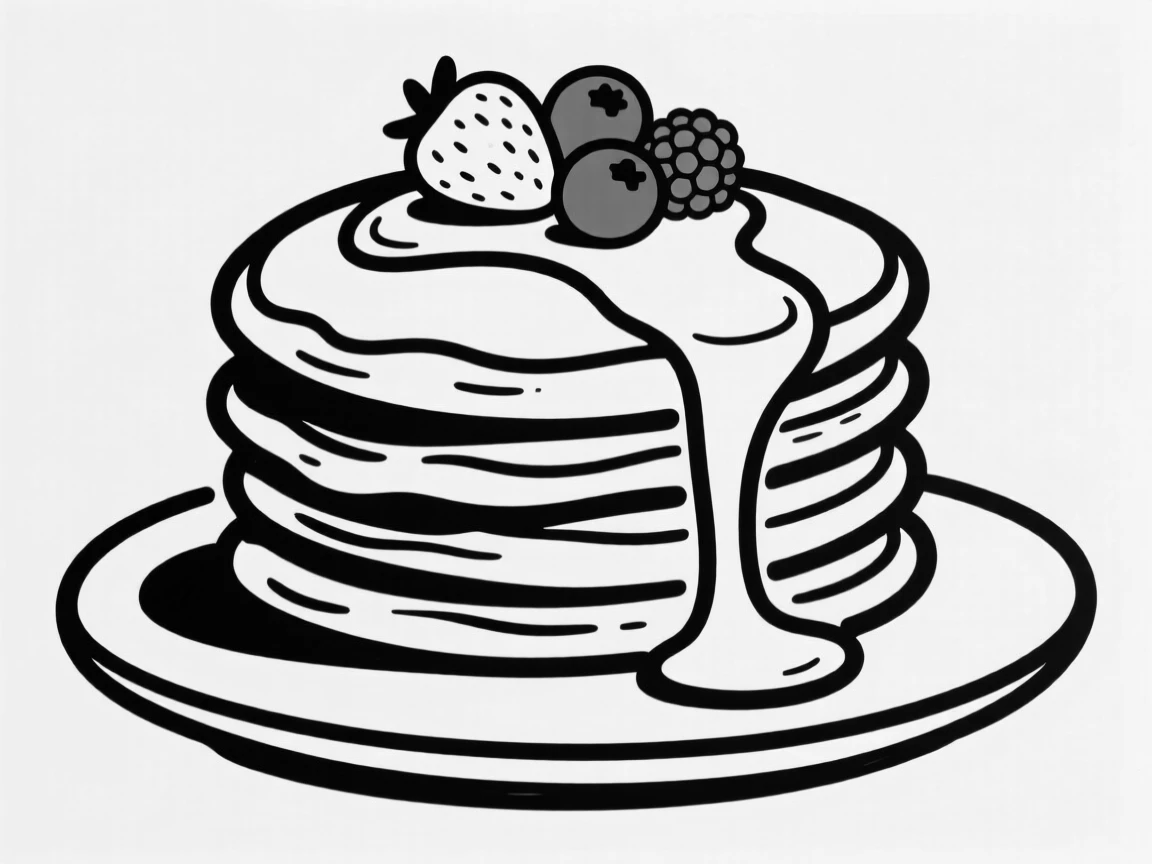 A stack of fluffy pancakes drizzled with syrup and topped with fresh berries.