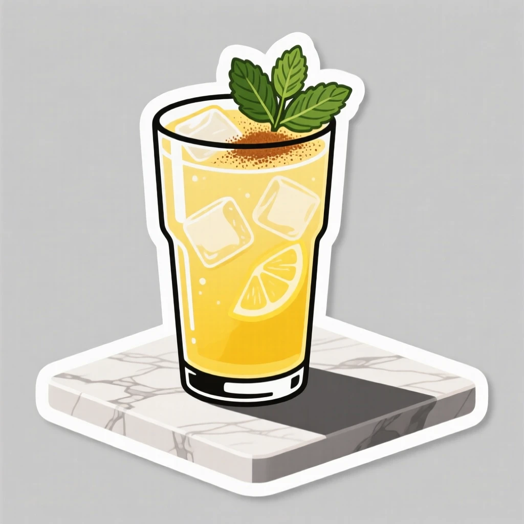 A perfectly plated glass of iced lemonade with mint leaves, dusted with cinnamon on top, on a marble countertop with soft shadows.