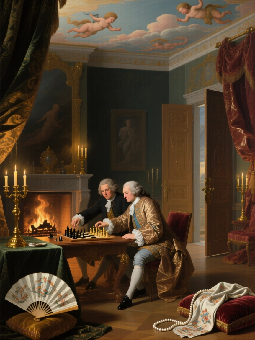 Noblemen playing chess beside a roaring fireplace just before the grand doors are thrown open, set beneath a painted ceiling depicting cherubs and clouds, with a fan, a pearl necklace, and an embroidered handkerchief as quiet accents; warm candlelight pools around the principal figures against a cooler backdrop, filled with quiet ceremony and inherited dignity.