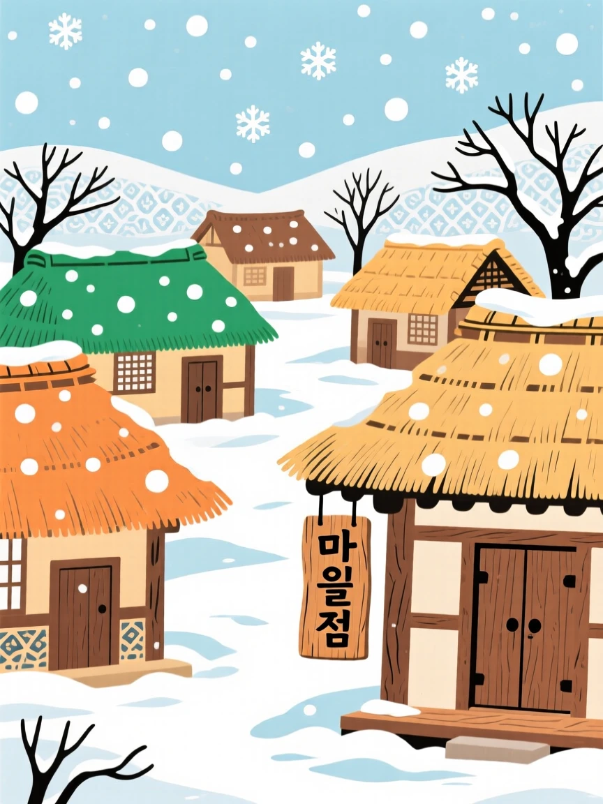 A view of a village of thatched-roof houses, during a gentle snowfall.