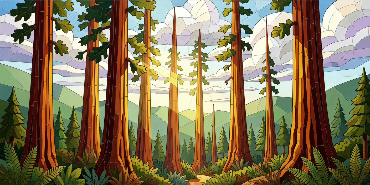 A wide panoramic view of an ancient sequoia forest with towering trees and soft filtered light, with dramatic clouds and rich natural color.