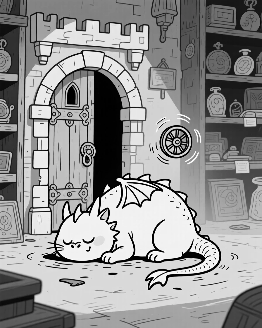 A round-bellied dragon curled up like a sleepy cat, faceplanting dramatically in front of the castle gate, set in a dim, dusty antique shop. A tiny cart wheel spins uselessly in the air. The scene turns epic fantasy into pure charming comedy.
