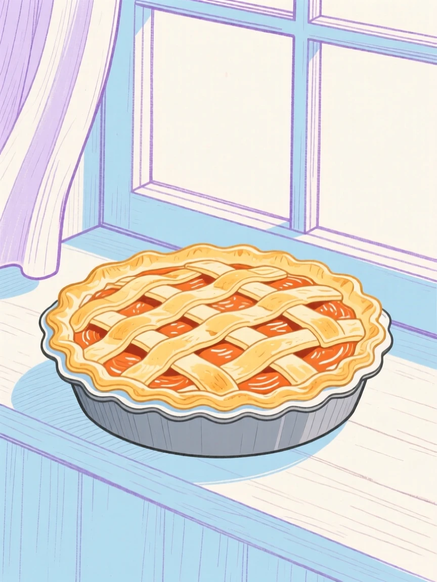 A warm apple pie with a lattice crust cooling on a windowsill.