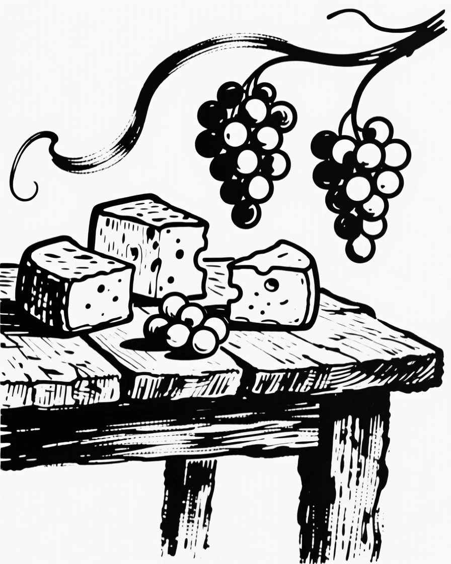 A rustic wooden table spread with an array of artisan cheeses and grapes.