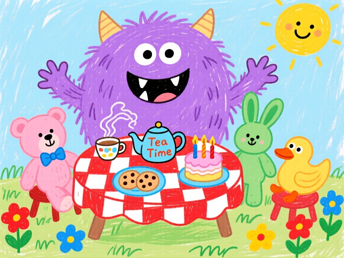 A fluffy purple monster having a tea party with stuffed animals.