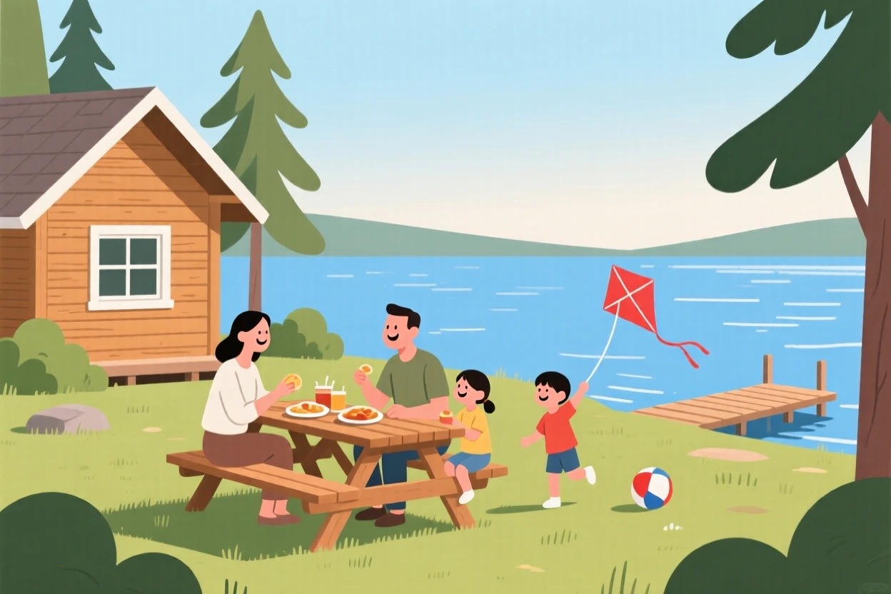 A family having a picnic together at a lakeside cabin.
