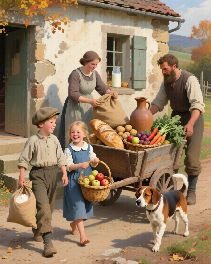 A family unloading groceries together, kids carrying the lightest bags proudly, with a beloved family pet joining in the moment, evoking warmth, nostalgia, and heartfelt connection