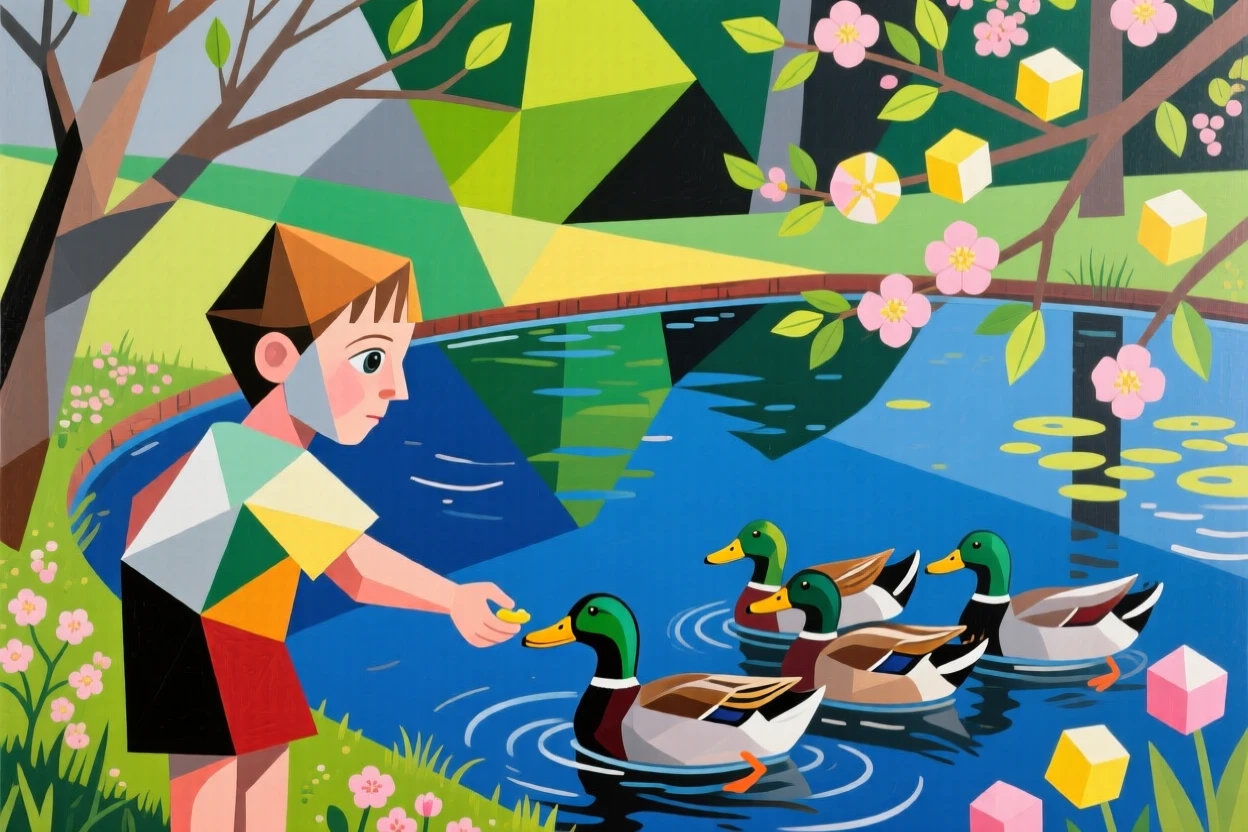 A child feeding ducks at the edge of a park pond in early spring.