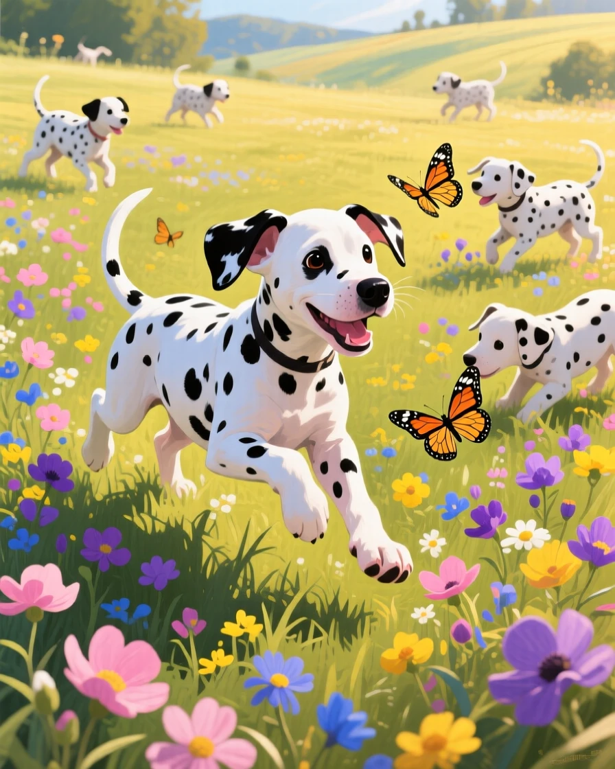 A cheerful dalmatian puppy chases butterflies through a blooming meadow, its black spots contrasting against a backdrop of wildflowers, other members of its group visible nearby, reinforcing the social nature of the scene.