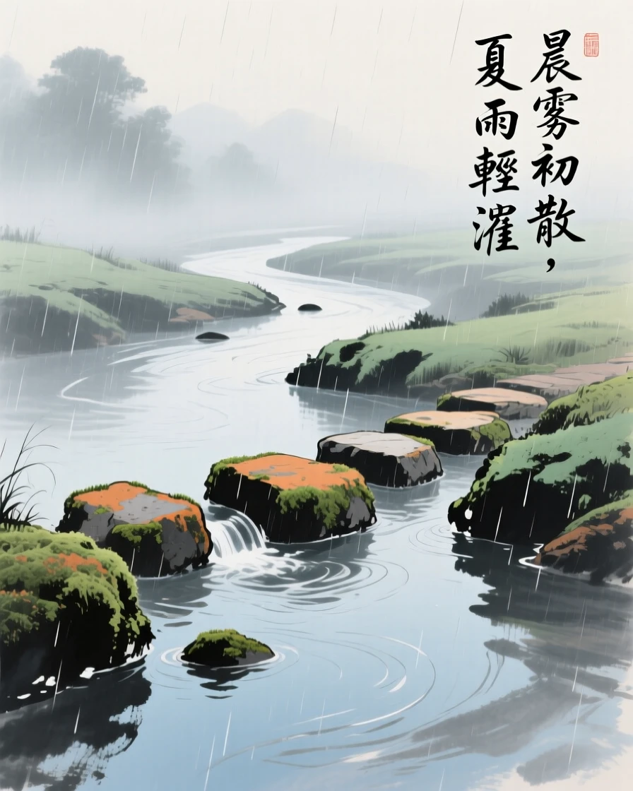 A meandering stream crossed by mossy stepping stones, as morning mist begins to lift, as summer rain begins to fall.