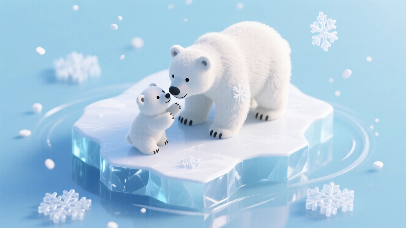 A fluffy polar bear cub playing on an ice floe with its mother, snow swirling gently around them under a soft arctic sky.