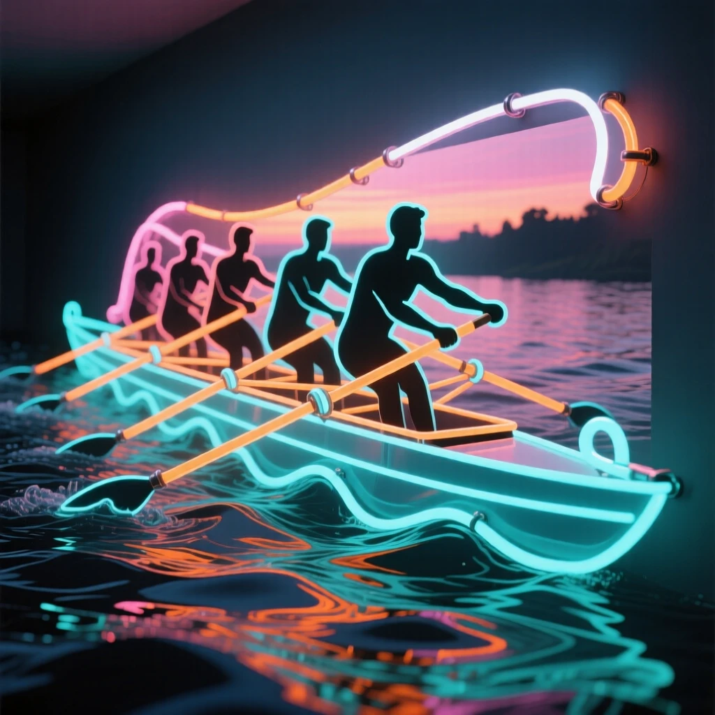 A team of rowers racing through choppy river water at dawn.