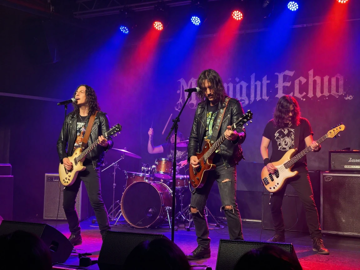 A rock band performing under dramatic stage lighting