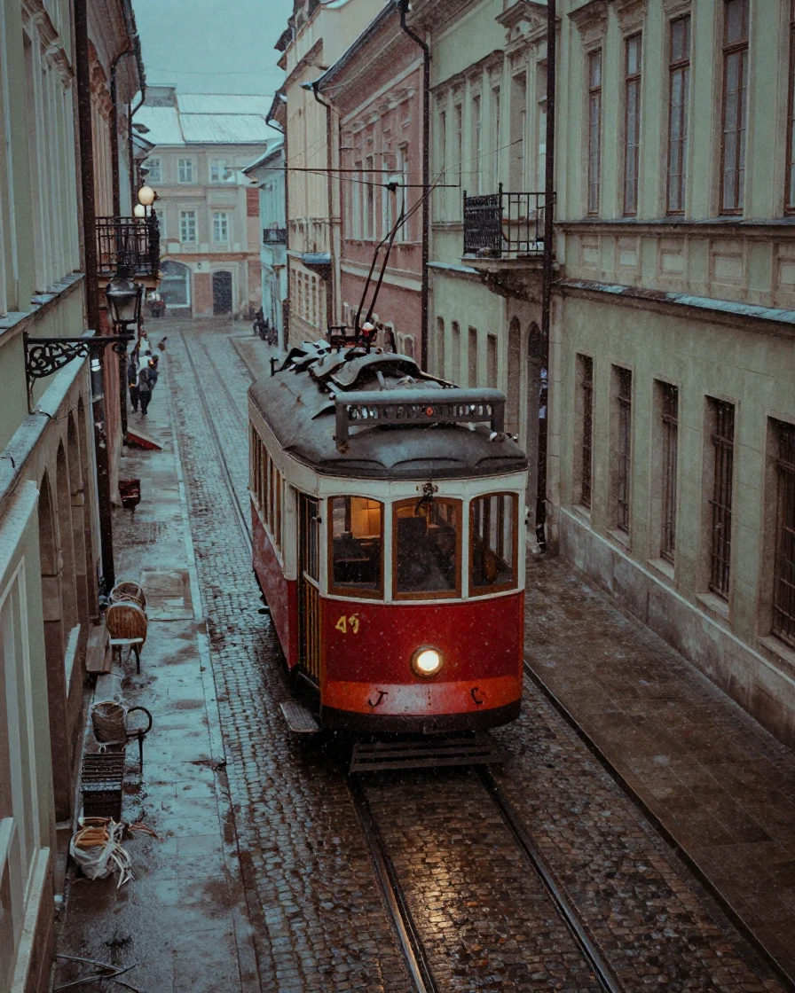 A tram rattling down cobbled streets in an old European quarter, in cool blue twilight, amid gently falling snow, during the long days of summer, with muted olive and rust colors, shot from directly overhead.