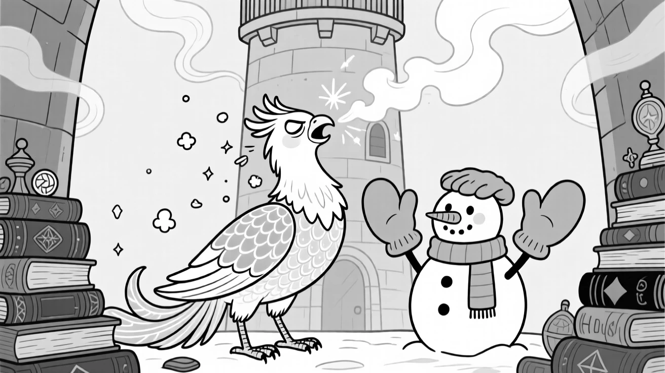 A phoenix mid-sneeze with sparks flying everywhere, patting the snowman proudly with oversized mittens, set in a smoky tower cluttered with spellbooks. Scales shimmer faintly with every breathy snore. It's a whimsical moment that feels both magical and silly.