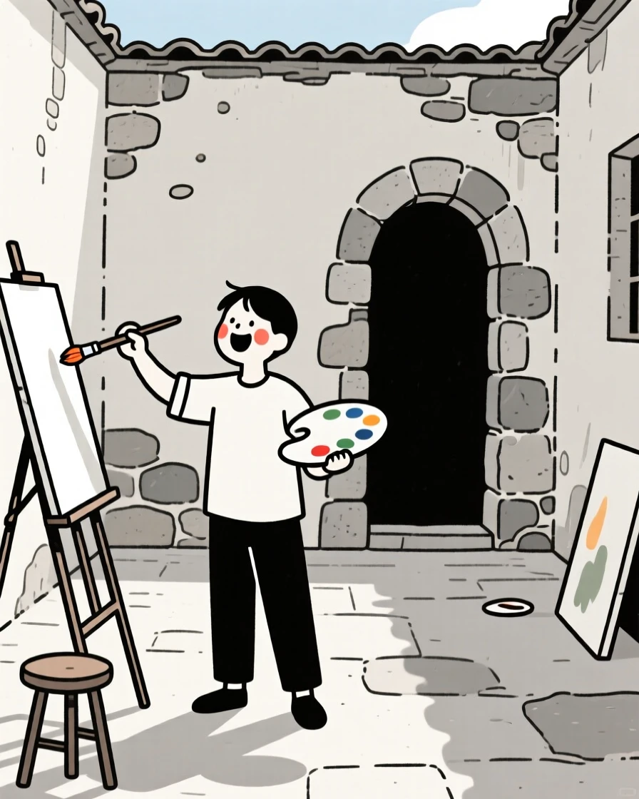 A painter in a sunlit studio, bursting with excitement, in an old stone courtyard.