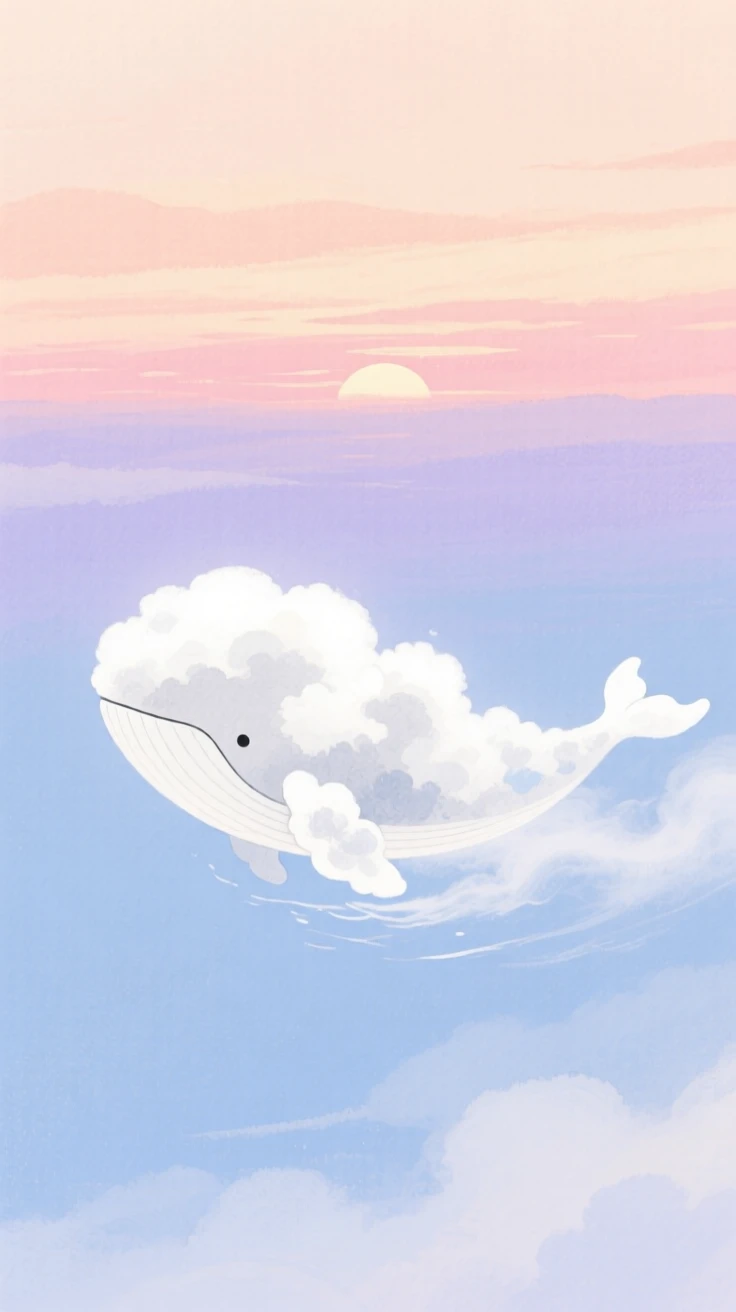 A tiny cloud whale drifts through a pastel sunset sky, trailing wisps of fog like a gentle wake