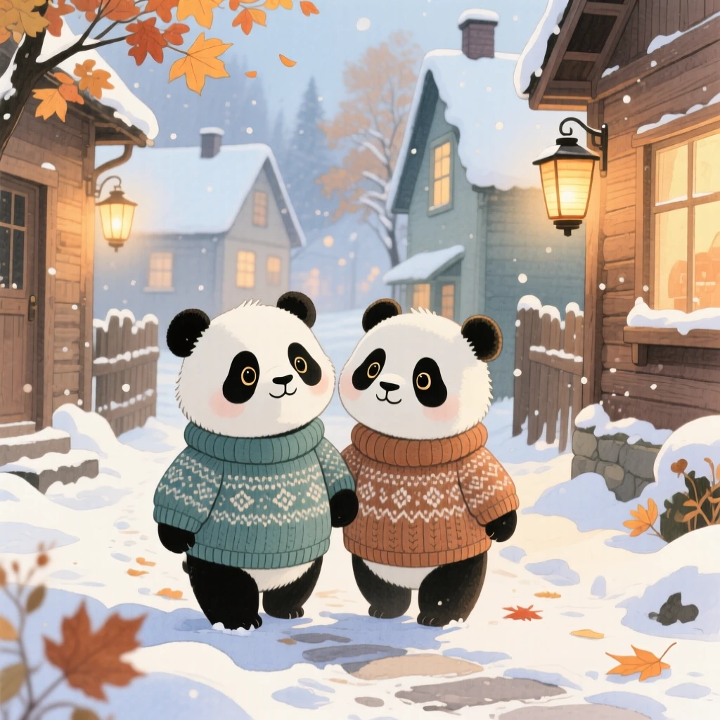A pair of pandas wearing a tiny knitted sweater on a crisp autumn day, set in a snowy village street lined with warm lantern light, filled with wide-eyed wonder.