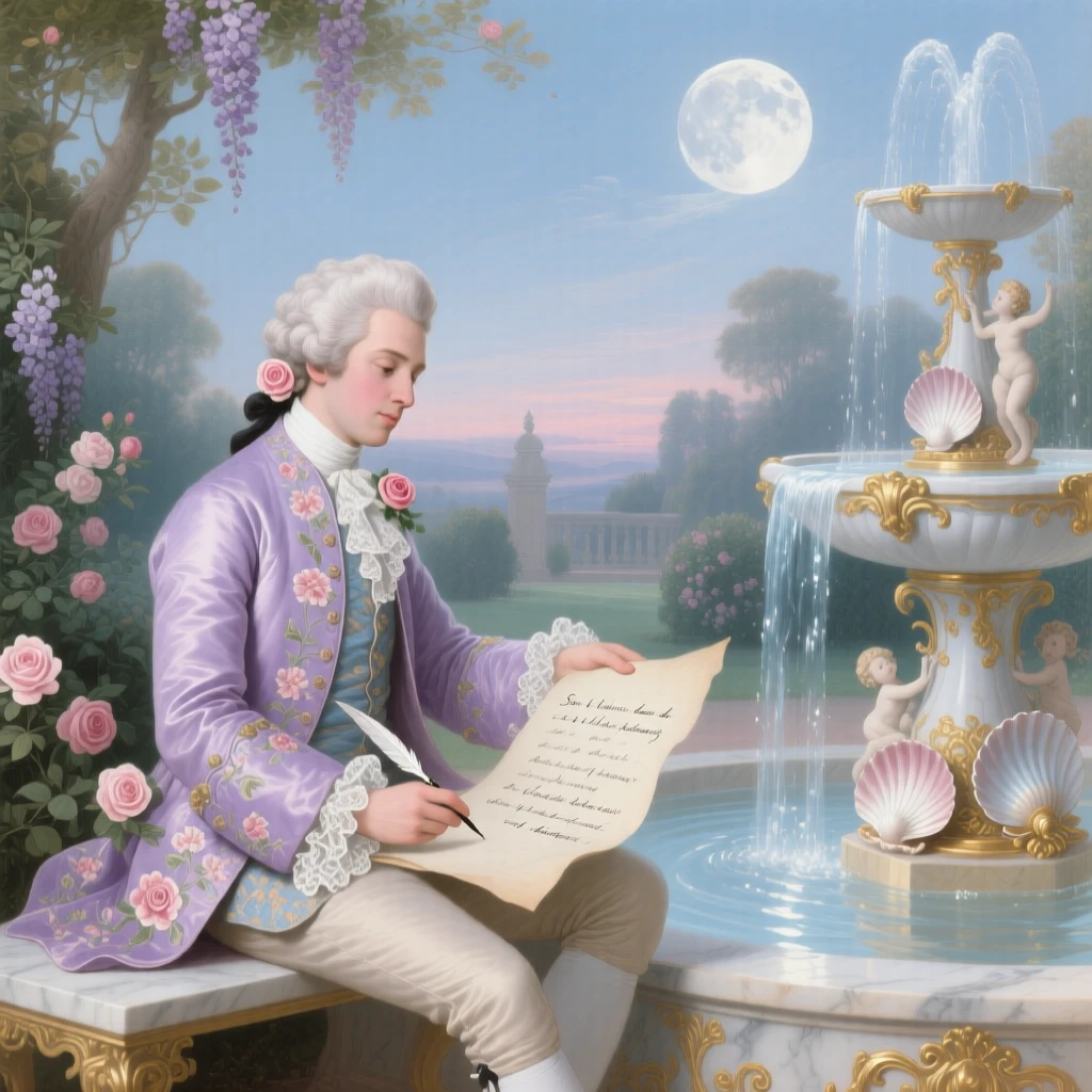 A court poet composing verses beside a moonlit fountain  
