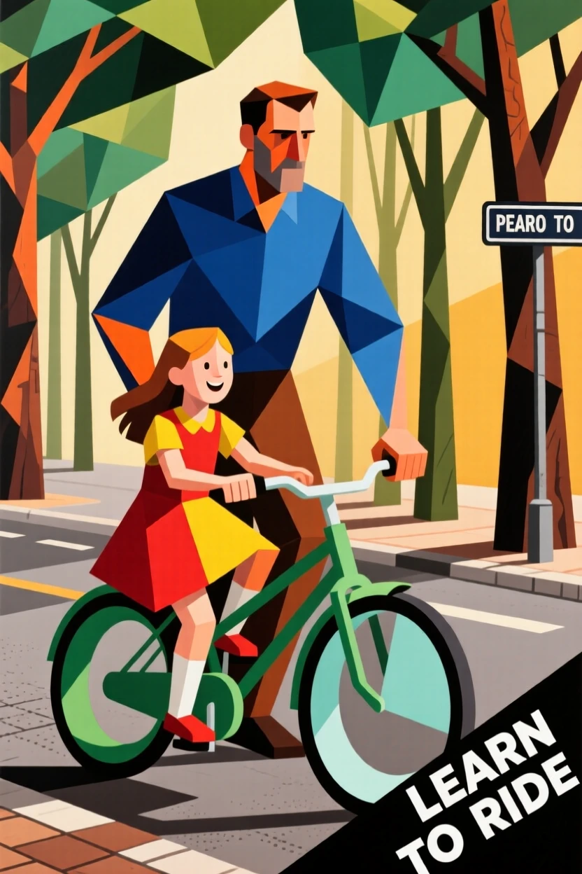 A father teaching his daughter to ride a bicycle down a tree-lined street.
