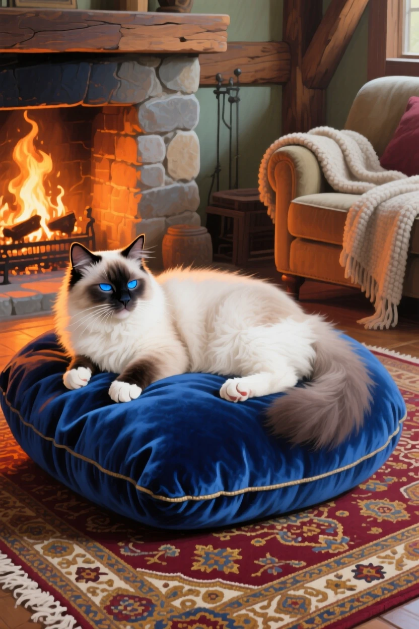 A serene Ragdoll cat lies draped across a plush cushion, its bright blue eyes half-closed in a state of complete relaxation near a warm fireplace, its expression conveying a quiet intelligence as it surveys the world around it.