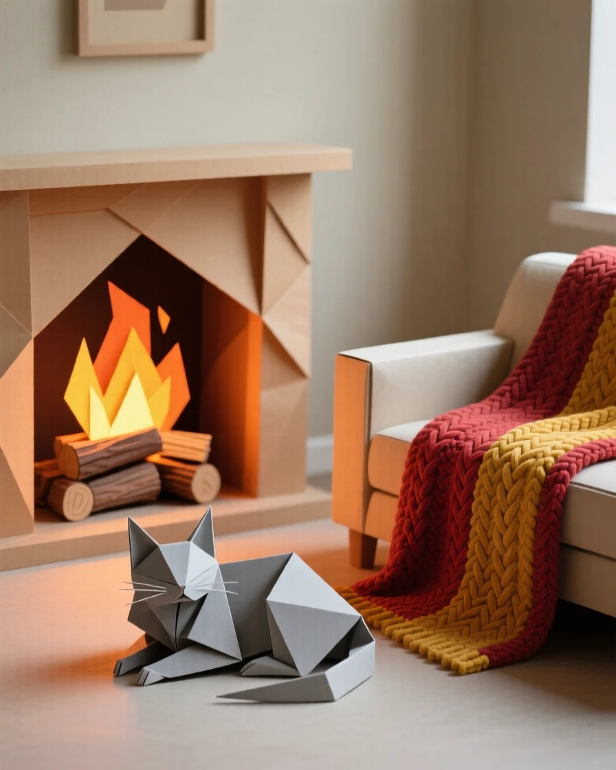 A crackling fireplace in a living room decorated with knitted blankets and a curled-up cat.