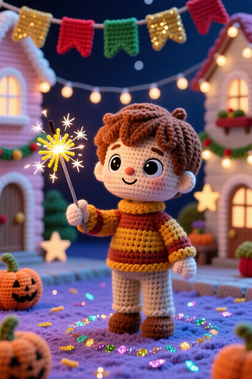 A festive scene of a little boy holding a sparkler with wide excited eyes, watching the sparks glow in the twilight within a cheerful town square decorated for a parade; a trail of glittering confetti nearby, radiating quiet, comforting seasonal tradition.