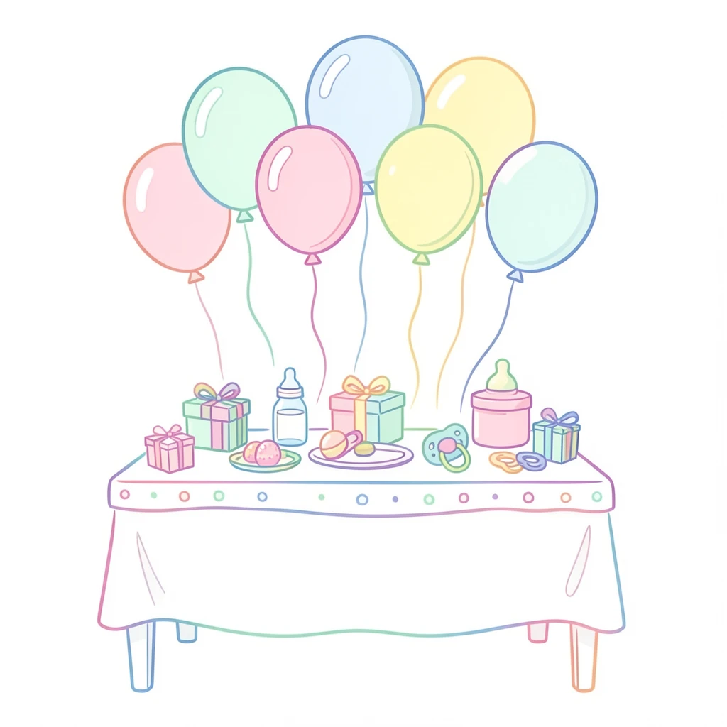 A baby shower table decorated with pastel balloons and tiny favors.