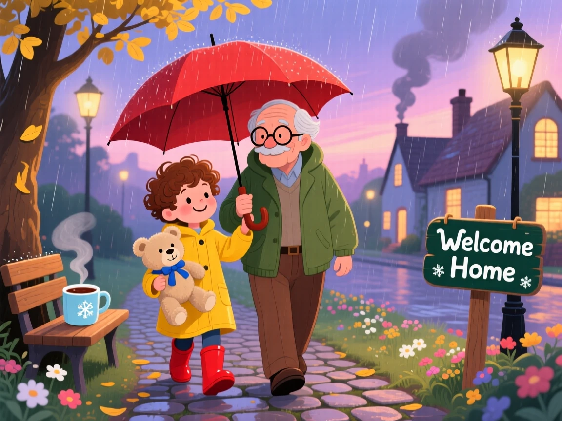 A boy clutching a stuffed bear and his grandfather are walking home together under one umbrella, with a warm cup of cocoa nearby.