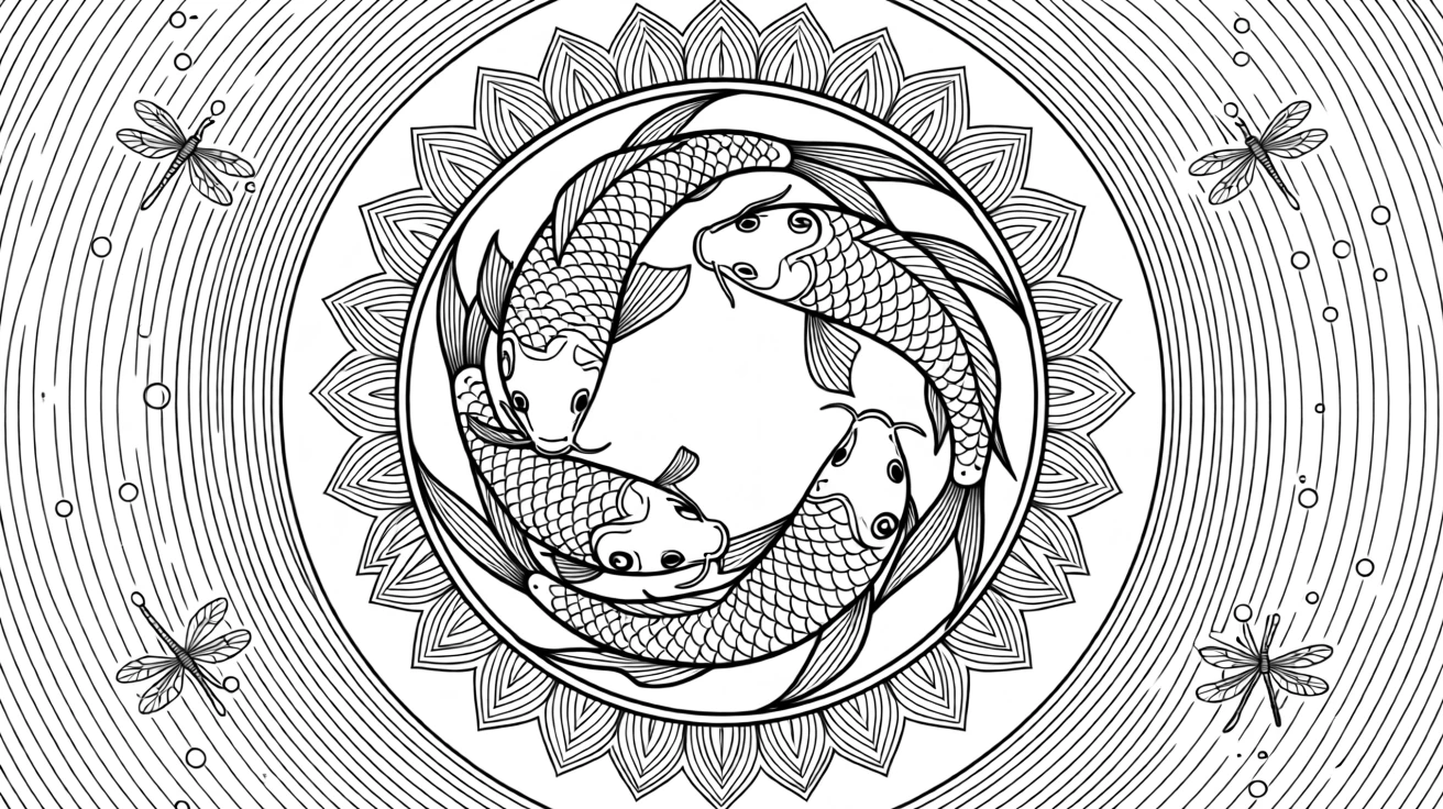 A mandala built from a ring of overlapping koi fish swimming in a circle.