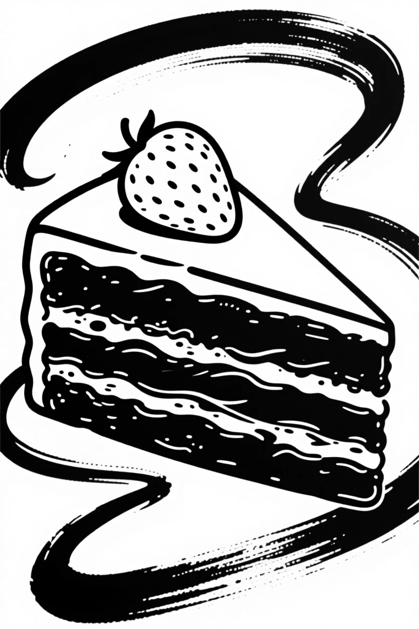 A slice of decadent chocolate layer cake with a single strawberry on top.