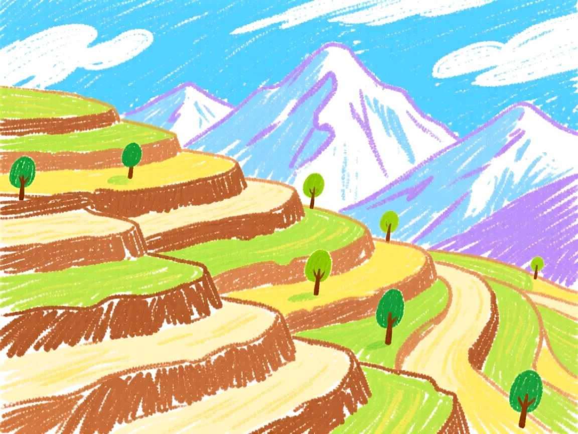 A view of a terraced hillside framed by distant snow capped mountains.