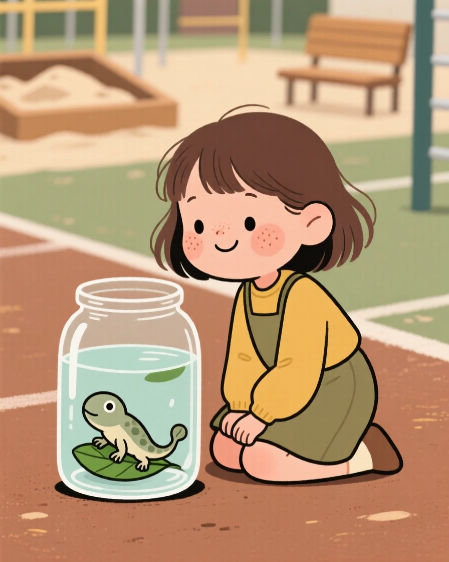 A curious young girl kneels beside a tadpole in a jar in the school playground, watching intently as it slowly makes its way across a leaf.