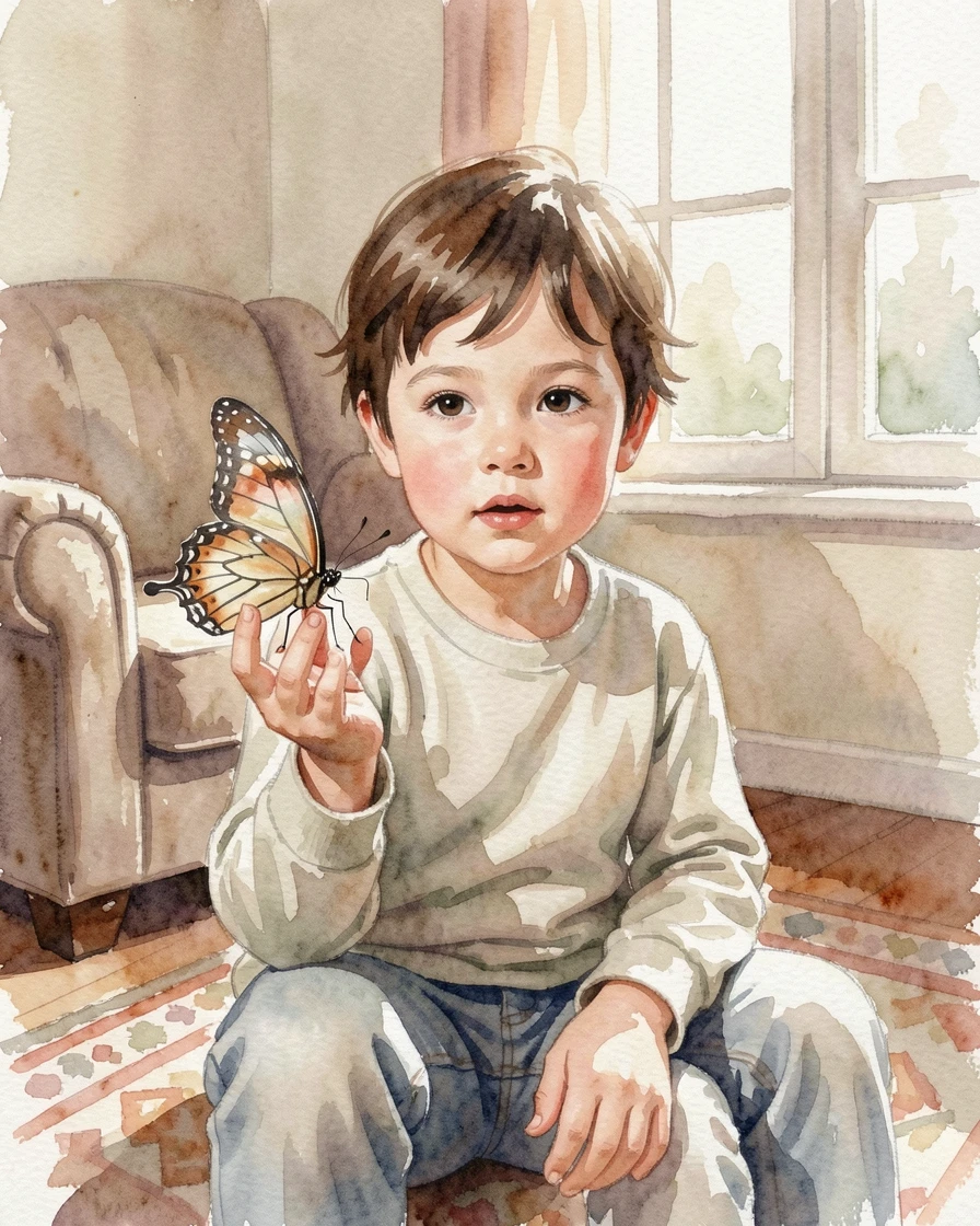 A butterfly landing on a child's hand in a cozy living room looking curiously at the viewer.
