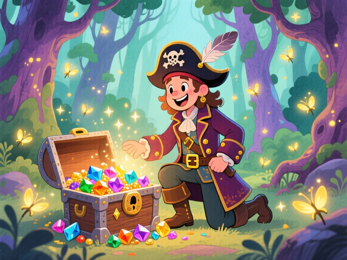 A pirate captain opening a treasure chest overflowing with glowing gems, in an enchanted forest glowing with fireflies, filled with wonder and magical excitement.