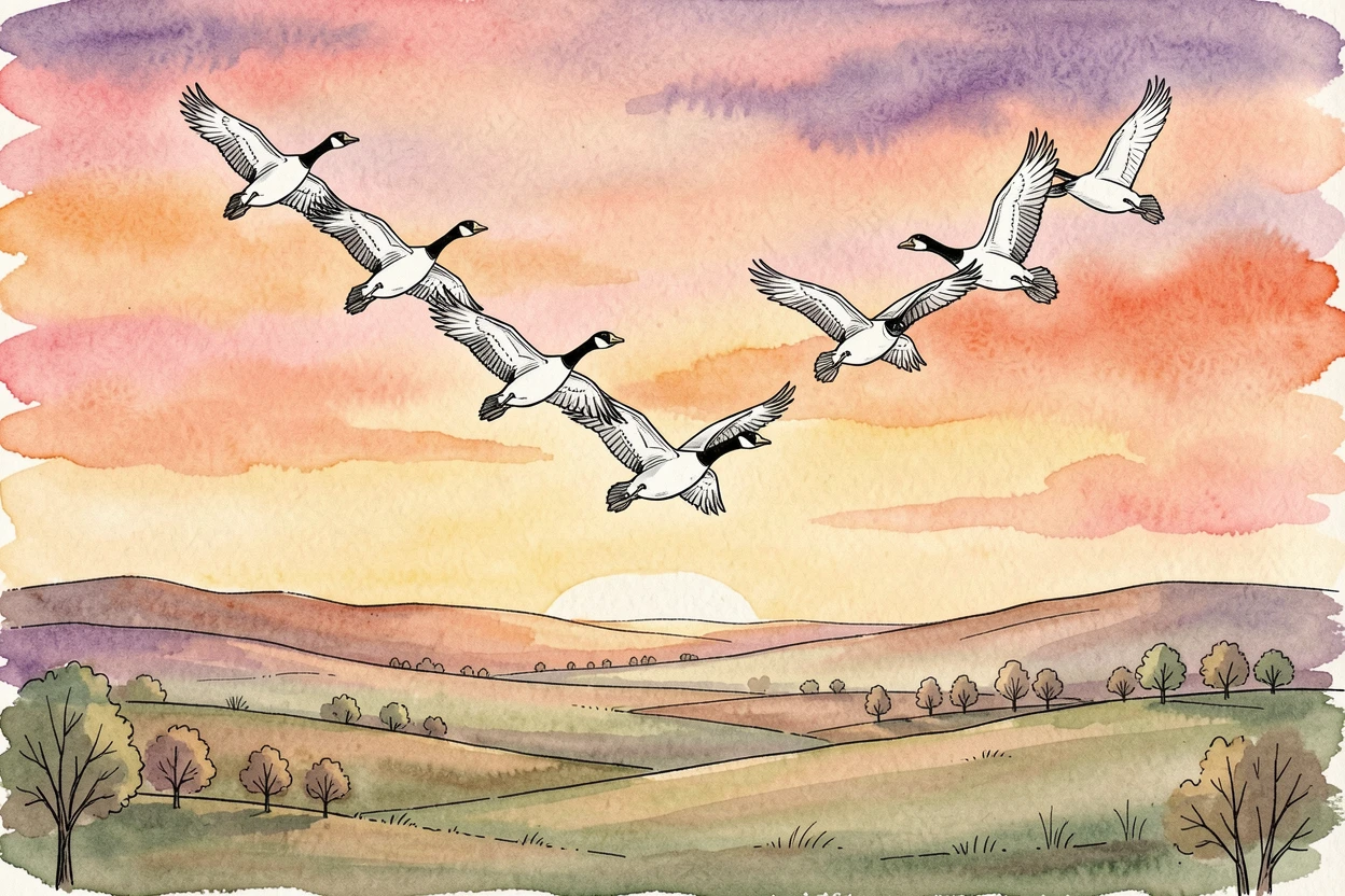 A flock of geese flying in formation across a colorful sunset sky, the surrounding landscape stretching wide and open behind them.