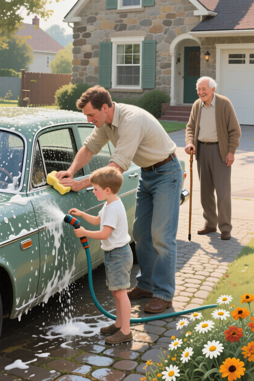 A father and son washing the family car together in the driveway, as an older family member watches on with a proud smile, designed to remind viewers of their own cherished family memories