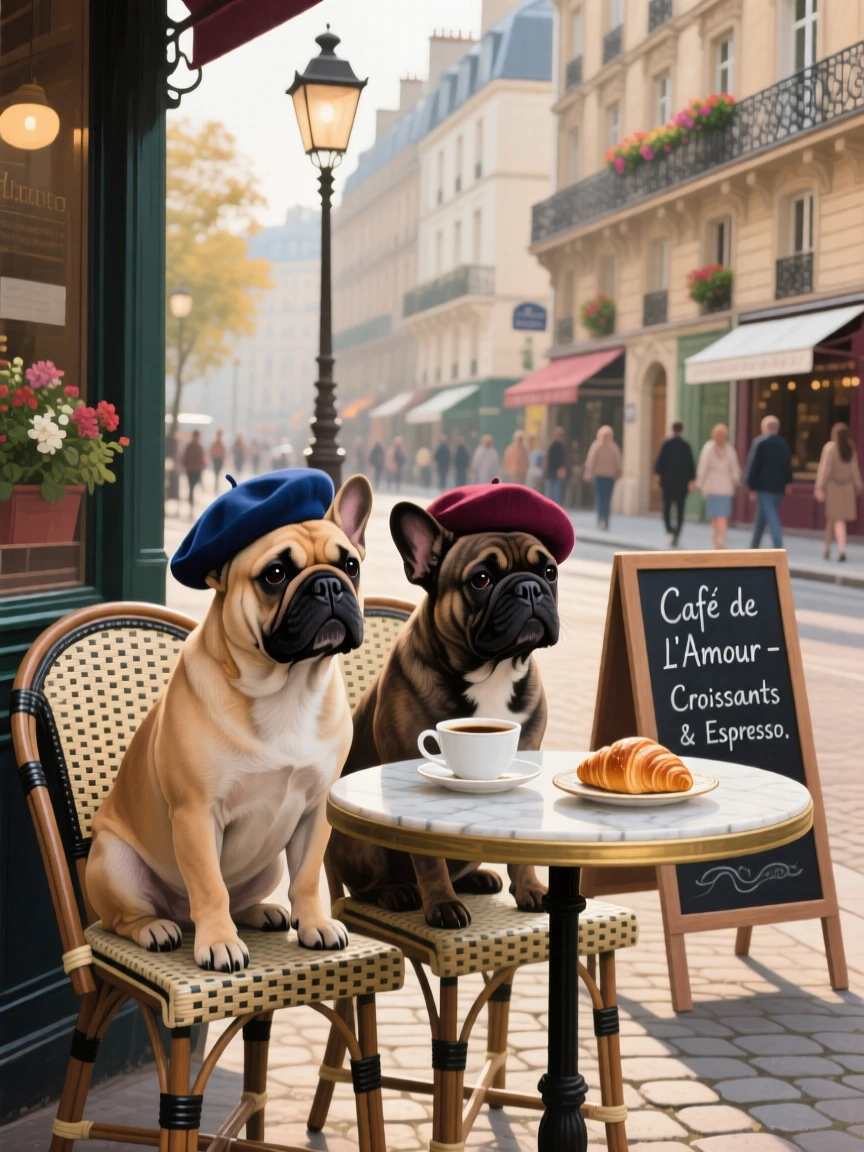 A pair of French bulldogs sit side by side on a Parisian café chair, tiny berets tilted slightly as they watch the street, the moment captured with a sense of calm intimacy despite the wild setting.