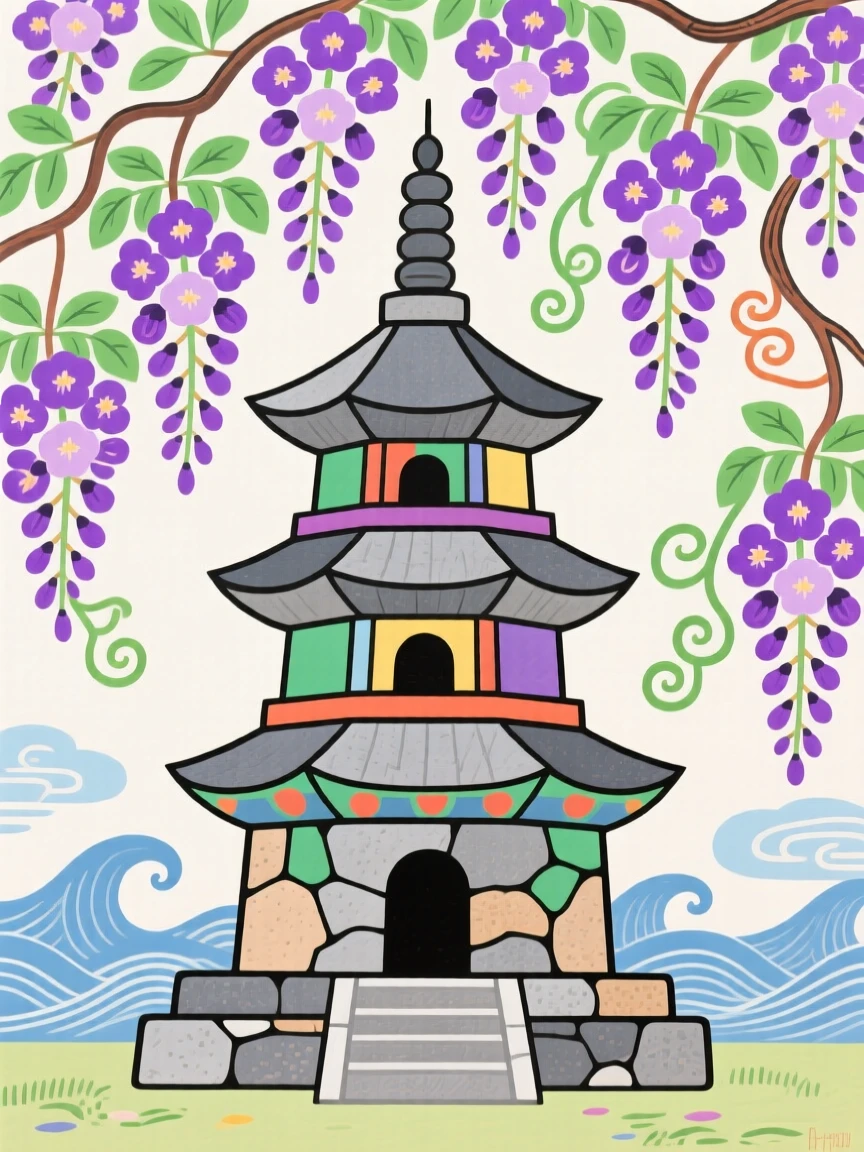 A view of an ancient stone pagoda, surrounded by blooming wisteria.