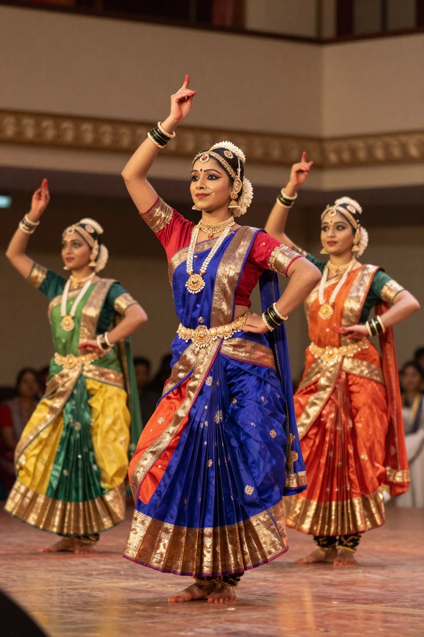 A traditional Indian dance performance in vibrant costumes